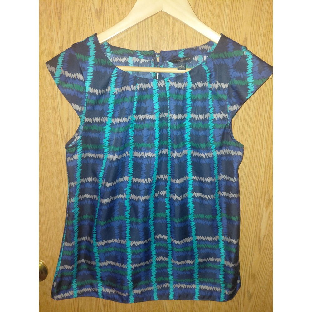 Banana Republic Womens Blue Green Abstract Print Cap Sleeve Pleated Blouse Small